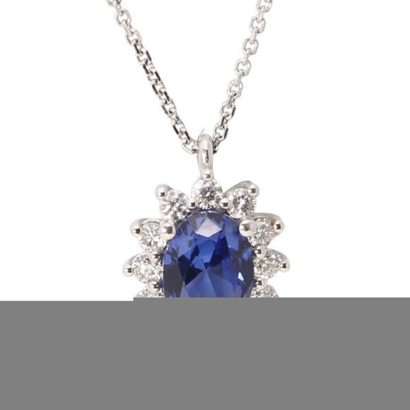 14K Gold Oval Sapphire Diamond Starburst Halo Pendant Blue White C19000449